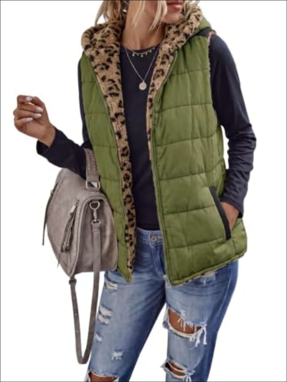 Sherpa Fleece Reversible Zip Vest Warm Hooded Utility Pocket Sleeveless